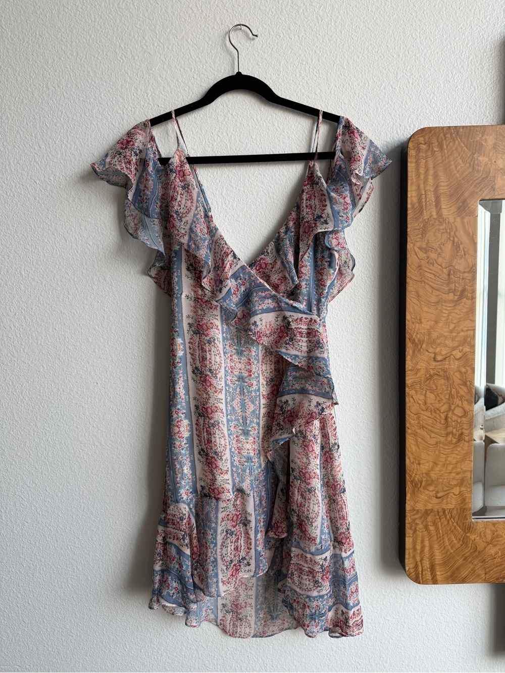 INTERMIX Light Blue and Pink Floral Ruffle Wrap Mini Dress